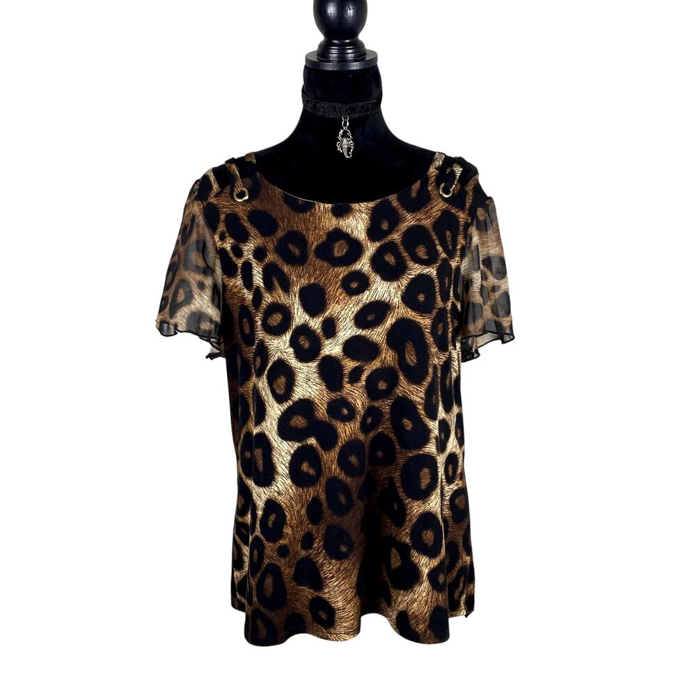 Adele & May Leopard Print Flutter Sleeve Strappy Office Siren Y2K Style Bouse XL